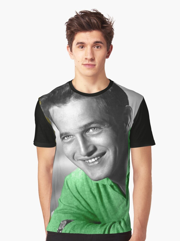 Vintage graphic t-shirt featuring a black and white photo of actor Paul Newman wearing a green jersey - Men