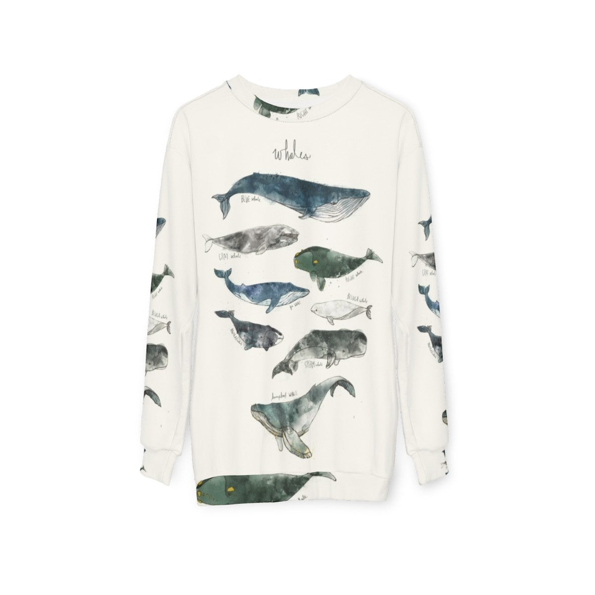 Watercolor whales sweatshirt featuring humpback and beluga whale designs - hanging