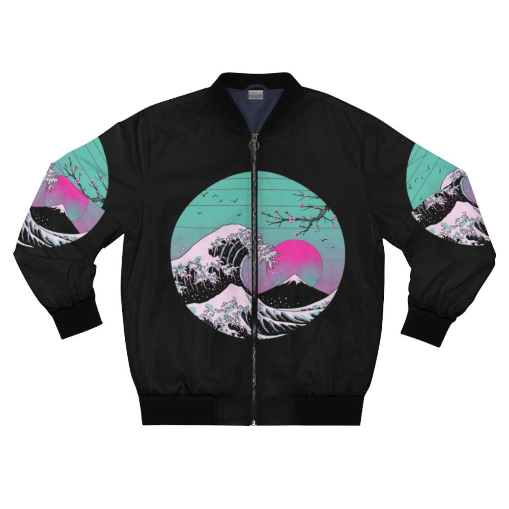 Retro 80s bomber jacket with Japanese inspired great wave design