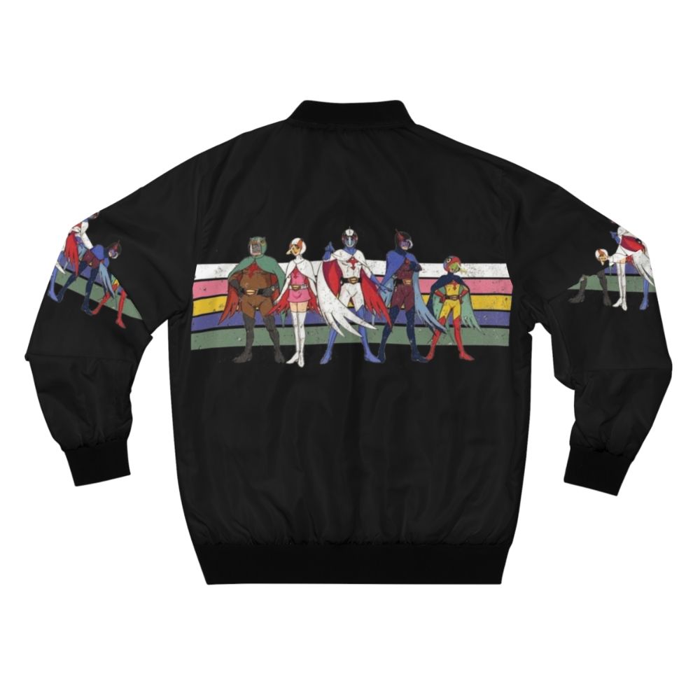 Retro-style bomber jacket featuring the G Force team from the classic sci-fi cartoon "Battle of the Planets" - Back