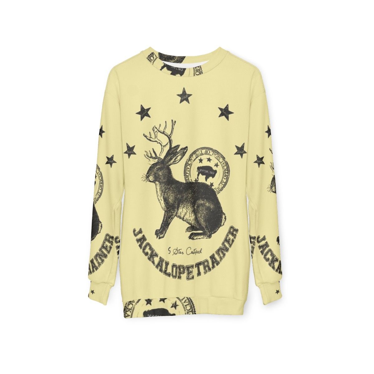 Beige sweatshirt with jackalope graphic, mythical animal trainer design - hanging