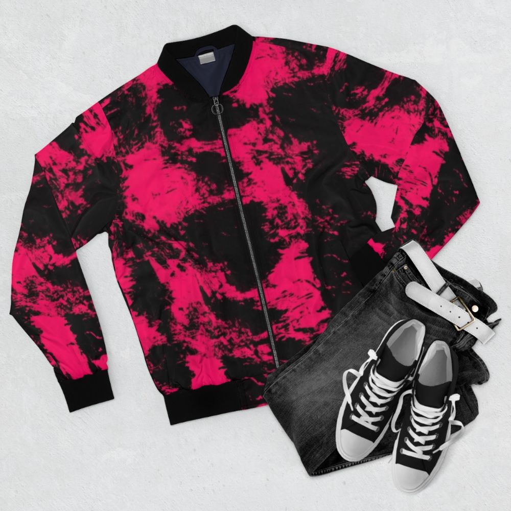 Punk pink and black bomber jacket with abstract design - Flat lay