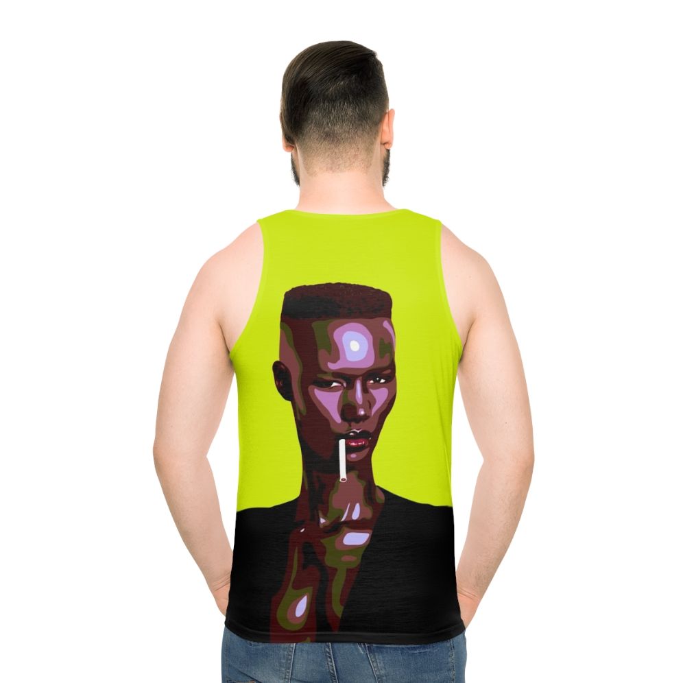 Iconic 80s leatherette tank top with stylized pop art portrait - men back