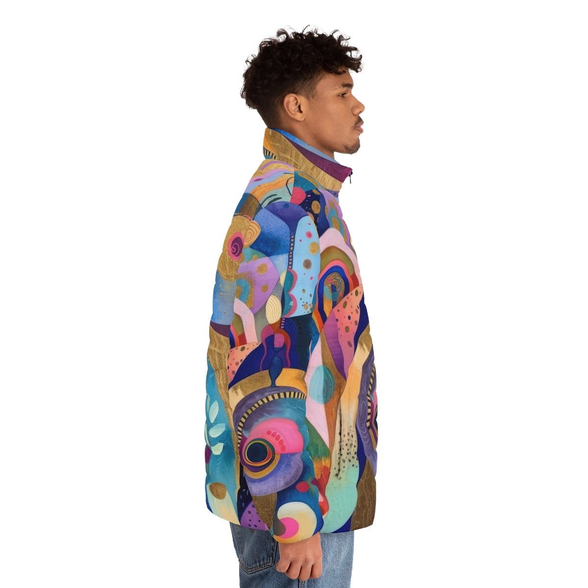 Vibrant tropical garden puffer jacket with abstract shapes and patterns - men side right