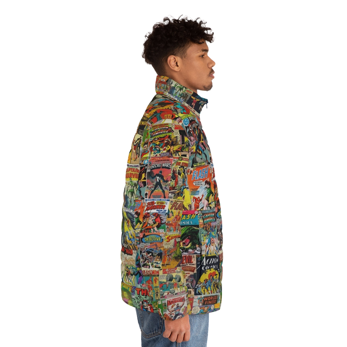 Vintage comic book pattern puffer jacket with colorful superhero graphics - men side right