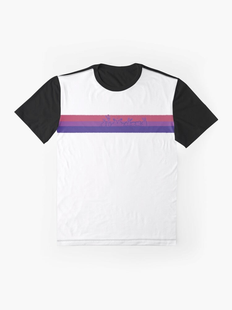 Bi pride graphic t-shirt featuring cute rabbits or bunnies in the bisexual pride flag colors. - Flat lay