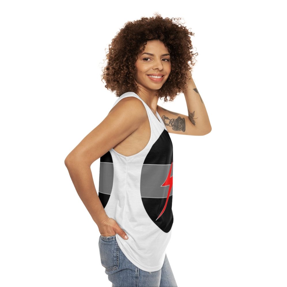 Grey unisex tank top with Throbbing Gristle industrial music band logo - women side