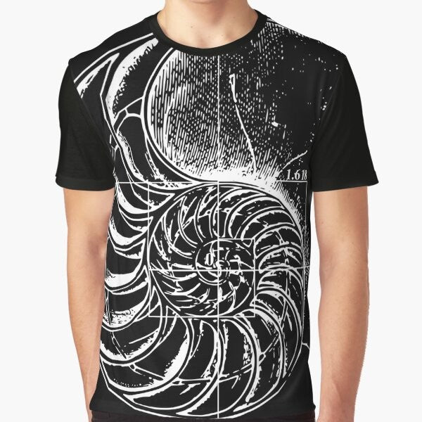 Fibonacci spiral pattern on a nautilus shell, a graphic t-shirt design featuring mathematics and science.