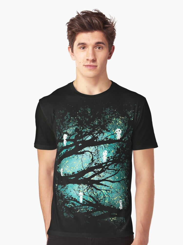 A vintage-inspired graphic t-shirt featuring tree spirits in a fantasy forest scene. - Men