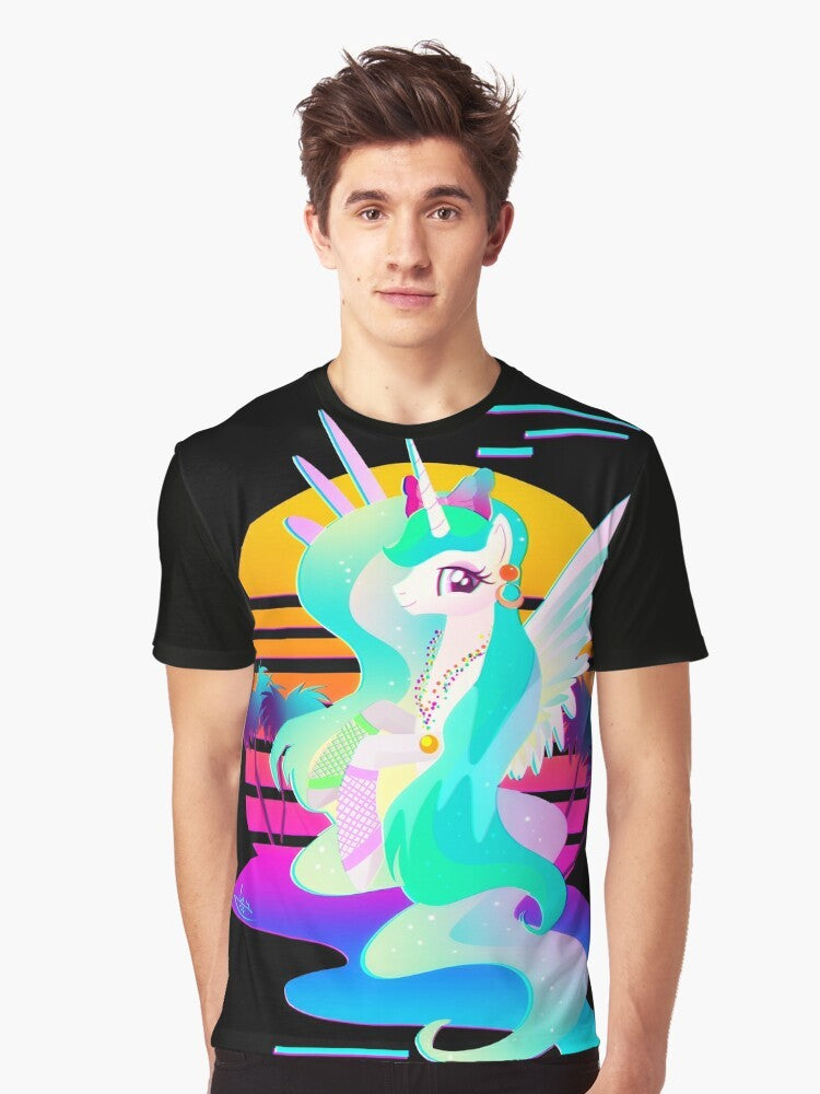 Synthwave Princess Celestia graphic tee featuring a neon, retro-inspired design with the My Little Pony character. - Men