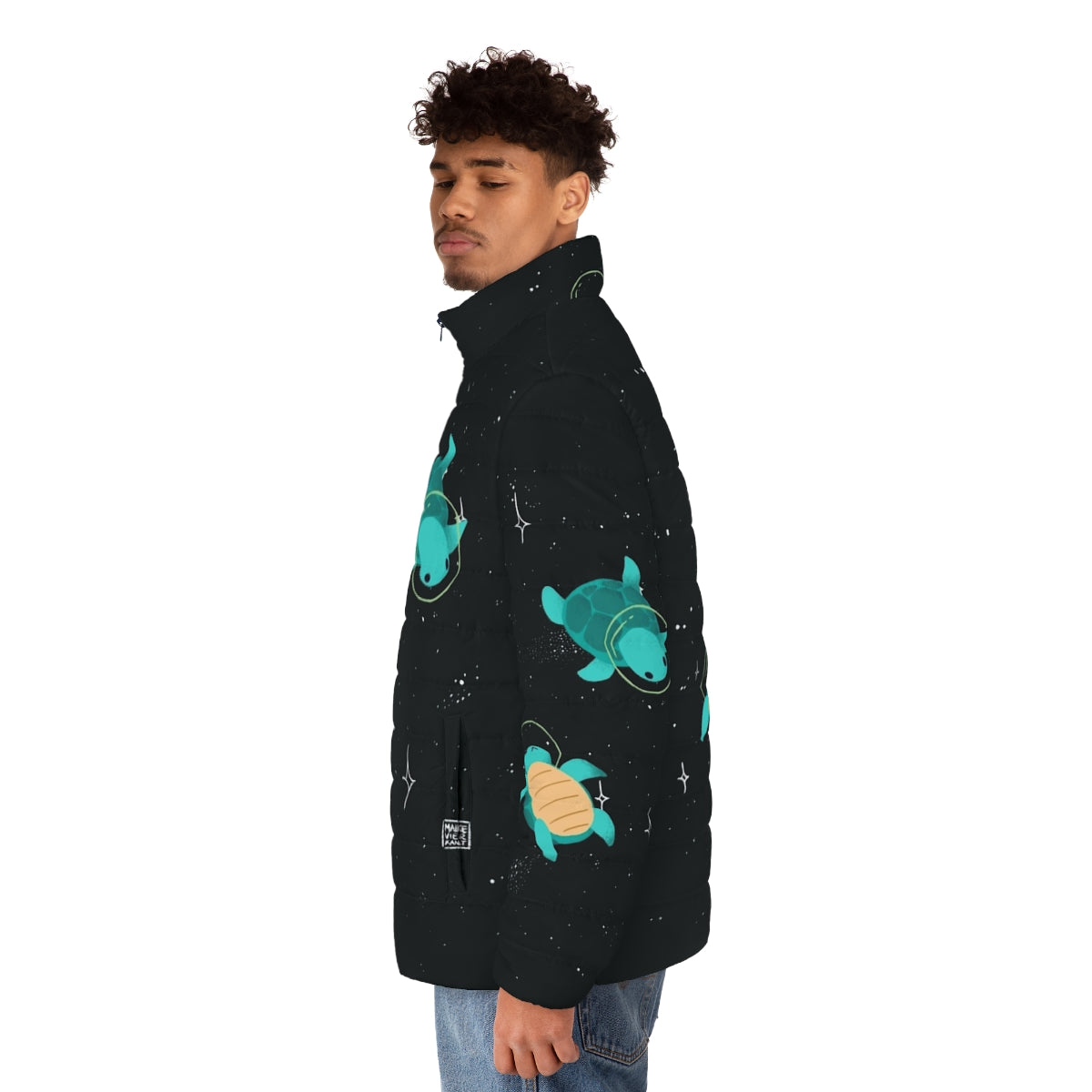 Adorable space turtle wearing a puffer jacket, ready for an intergalactic adventure - men side left