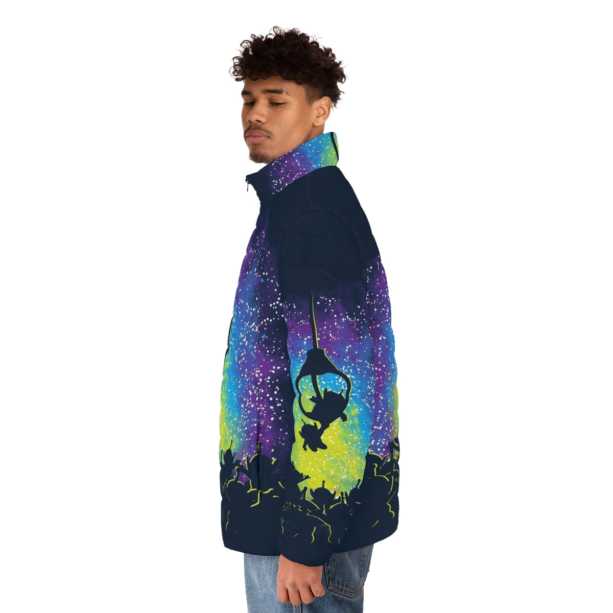 Master Puffer Jacket with vibrant alien and UFO design - men side left