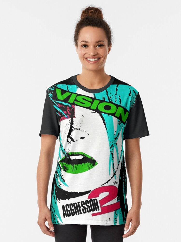 Vision Skateboards Aggressor 2 Graphic T-Shirt featuring a retro 80s skateboard design - Women