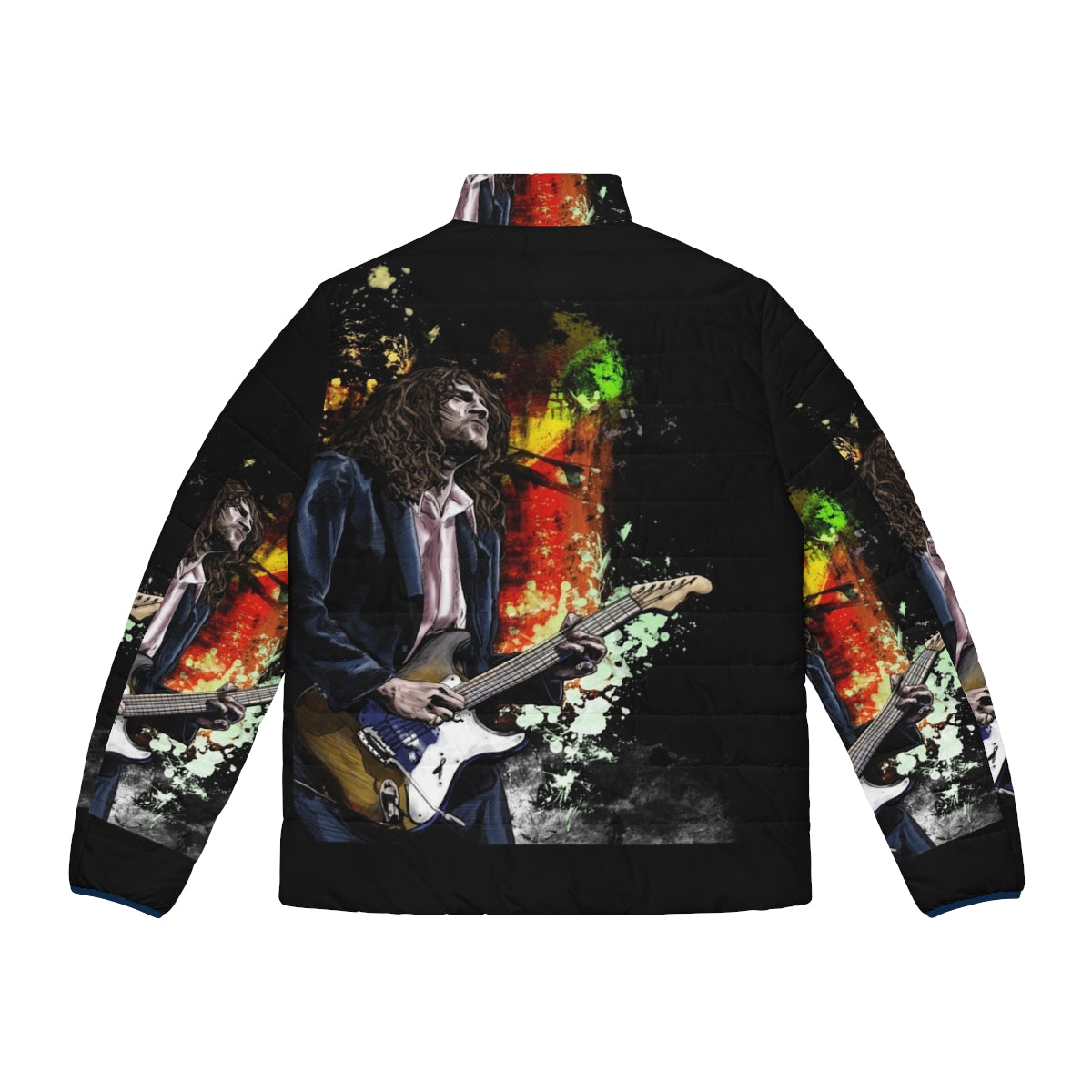 A puffer jacket featuring an illustration of John Frusciante, the legendary guitarist of the Red Hot Chili Peppers. - Back