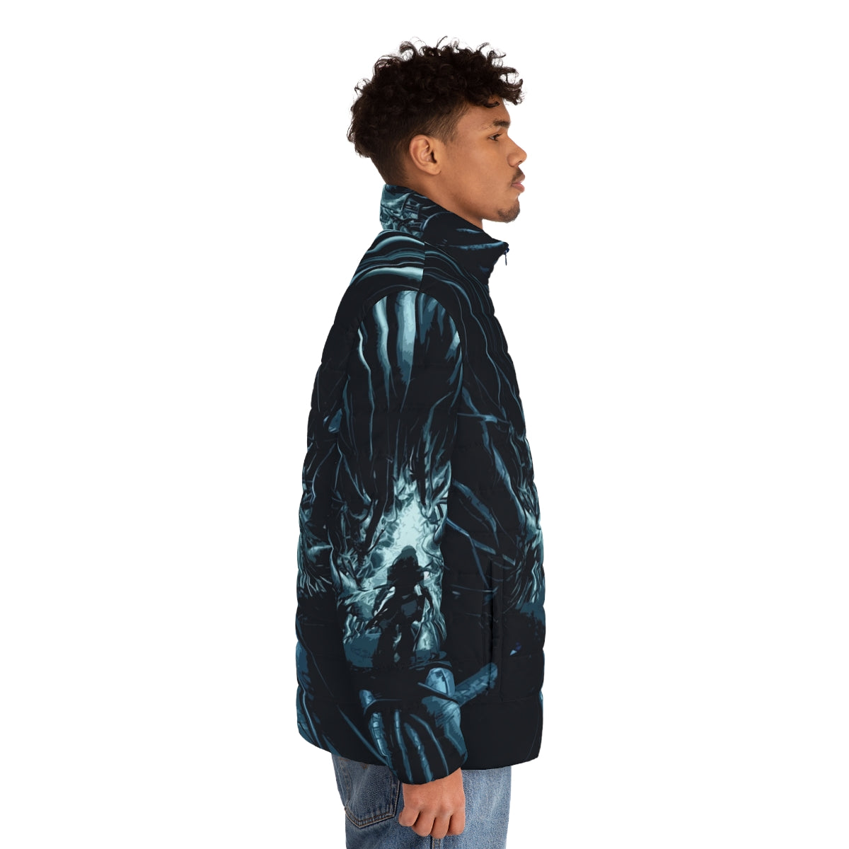 Horizon Zero Dawn Cauldron Puffer Jacket featuring a stylized mecha-inspired design - men side right