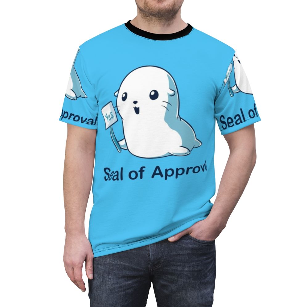 Seal of Approval AOP T-shirt featuring a retro pop art inspired sci-fi comic design - men front