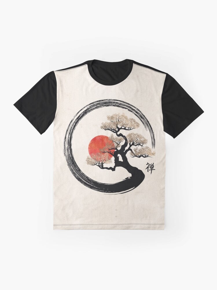 Minimalist graphic t-shirt featuring an enso circle and bonsai tree design. - Flat lay