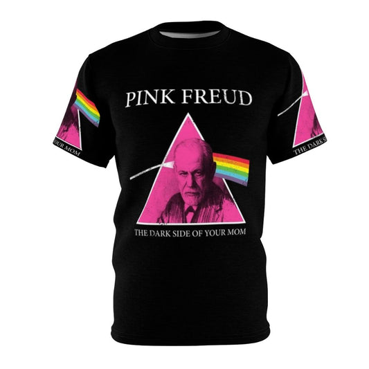 Stylish pink and purple psychedelic graphic t-shirt with "Pink Freud" design, inspired by the classic Dark Side of the Moon album cover.