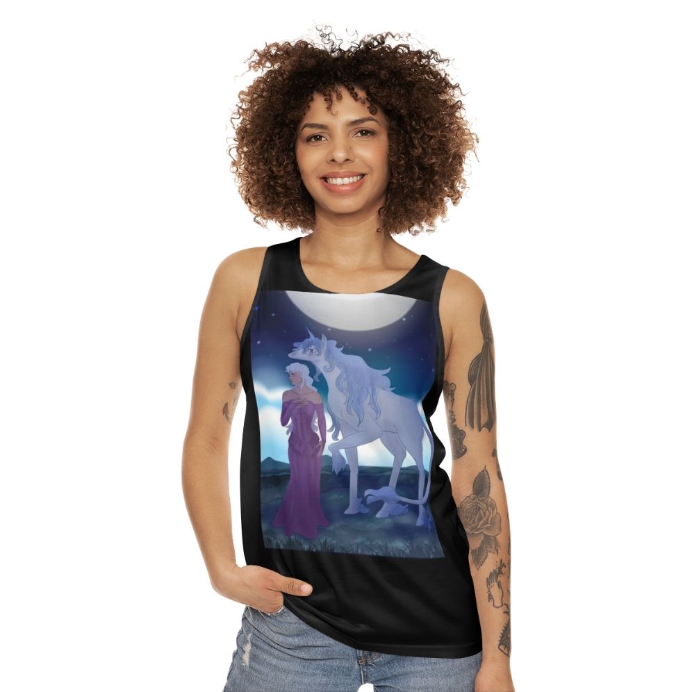 The Last Unicorn unisex tank top with original fantasy unicorn artwork - women