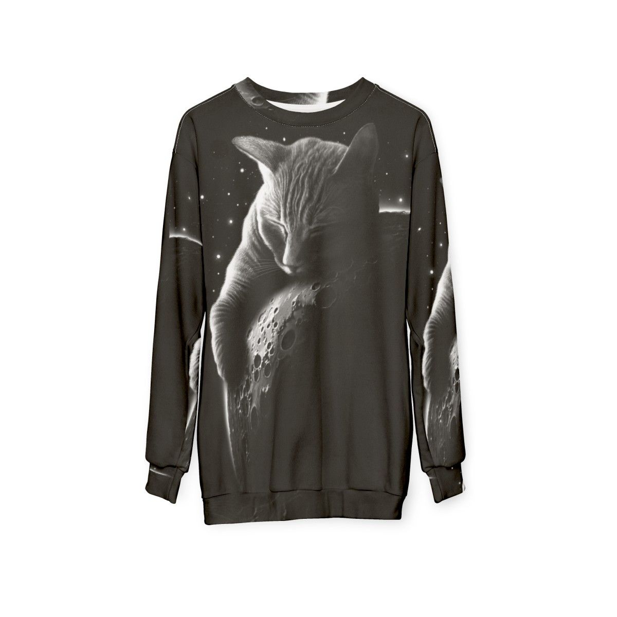 Mooncat Sweatshirt featuring a cat in a space suit against a starry night sky - hanging