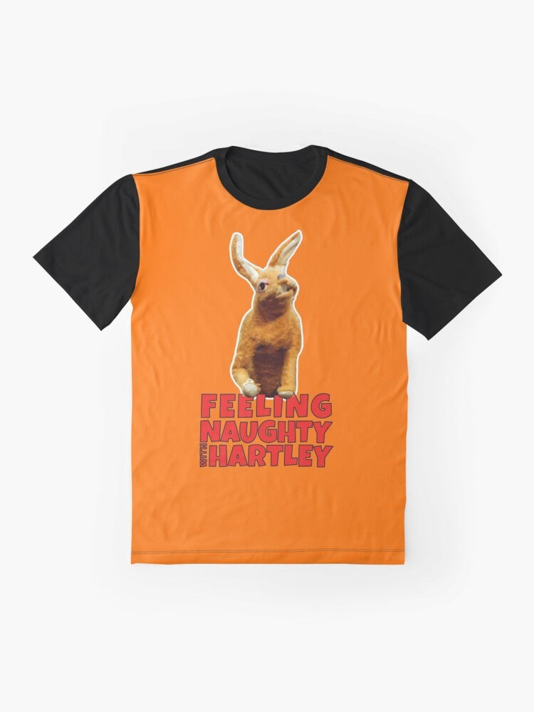 Hartley the Hare wearing a naughty graphic t-shirt - Flat lay