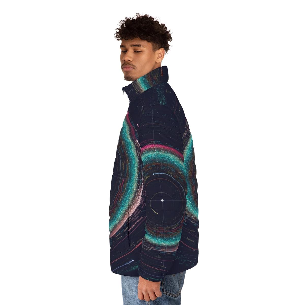 Asteroid map of the solar system printed on a puffer jacket - men side left