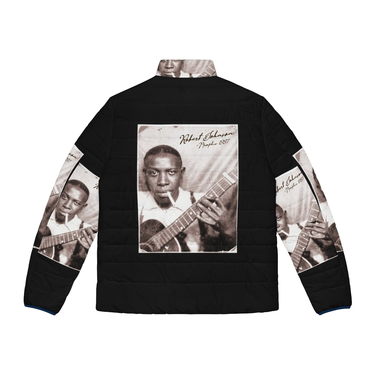 Retro Robert Johnson Blues Puffer Jacket featuring a vintage-style portrait of the legendary blues musician - Back