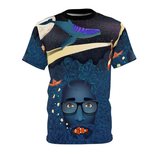 Whimsical deep thoughts AOP t-shirt with a creative, surreal design featuring a flying whale, lighthouse, and other fantasy elements.