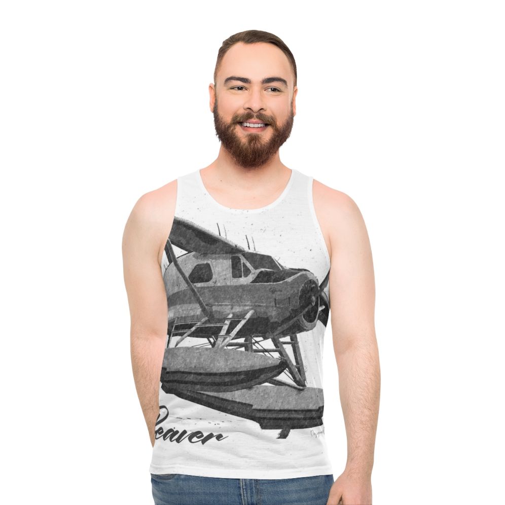 Dehavilland DHC-2 Beaver floatplane sketch on unisex tank top - men