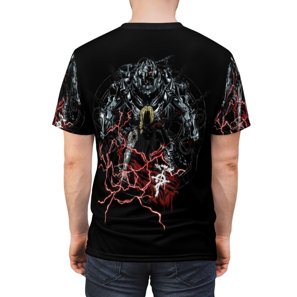 A stylized t-shirt featuring alchemical symbols and characters from the popular anime Fullmetal Alchemist. - men back