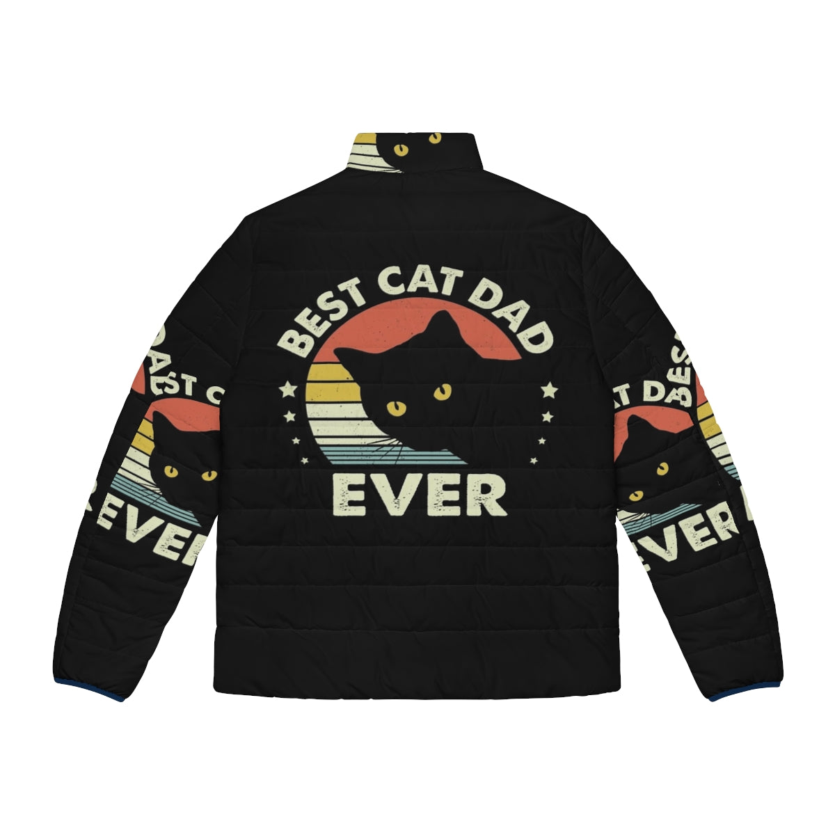 Vintage black cat puffer jacket with "Best Cat Dad Ever" design - Back