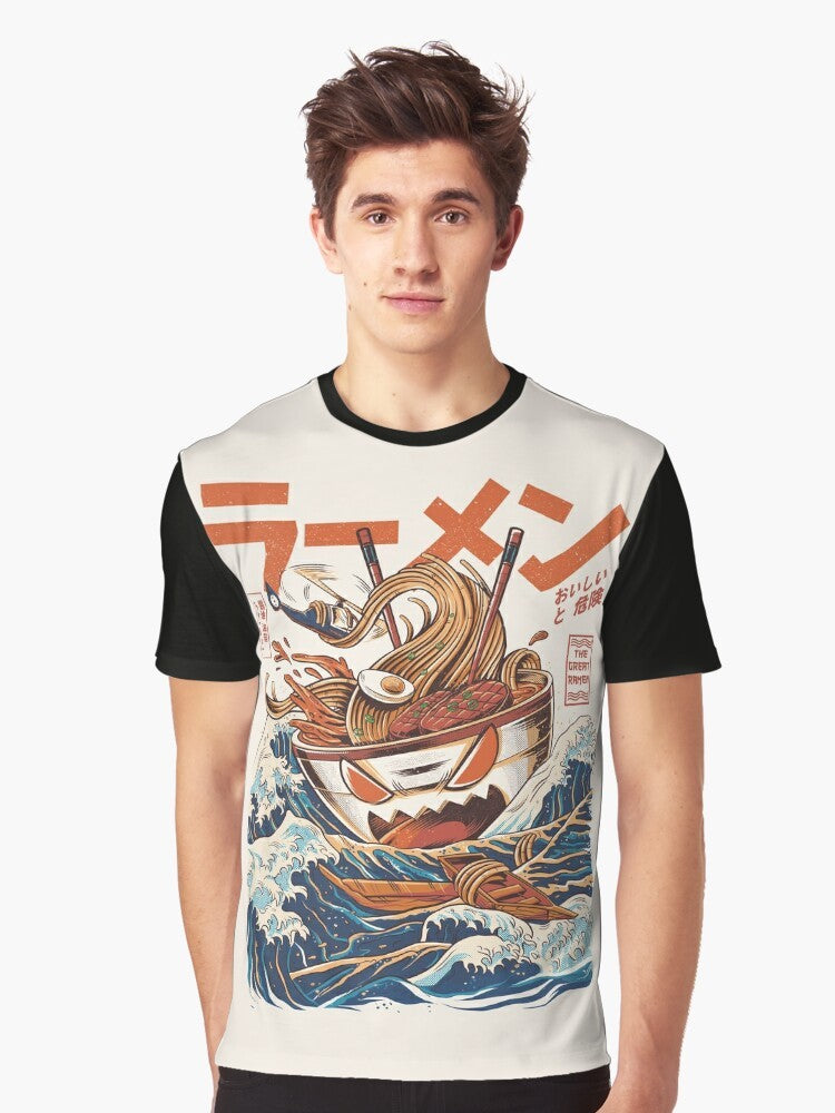 Anime-inspired graphic t-shirt with a retro kaiju wave and ramen bowl design - Men