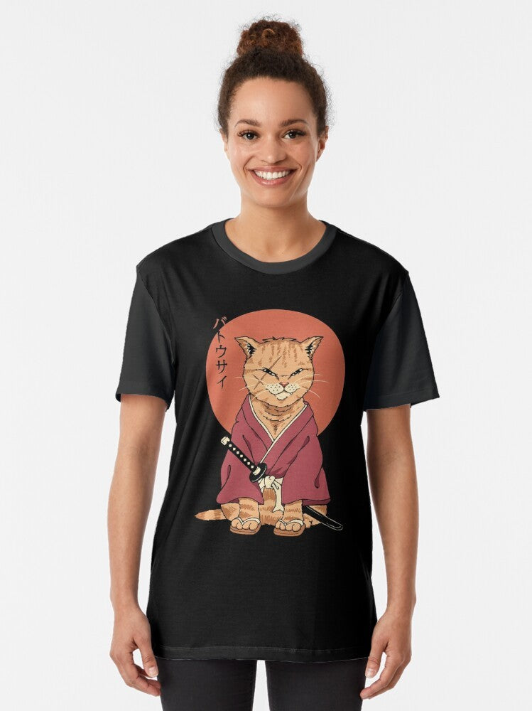 Neko Battousai graphic t-shirt featuring a cat samurai with a sword against a Japanese art inspired background - Women