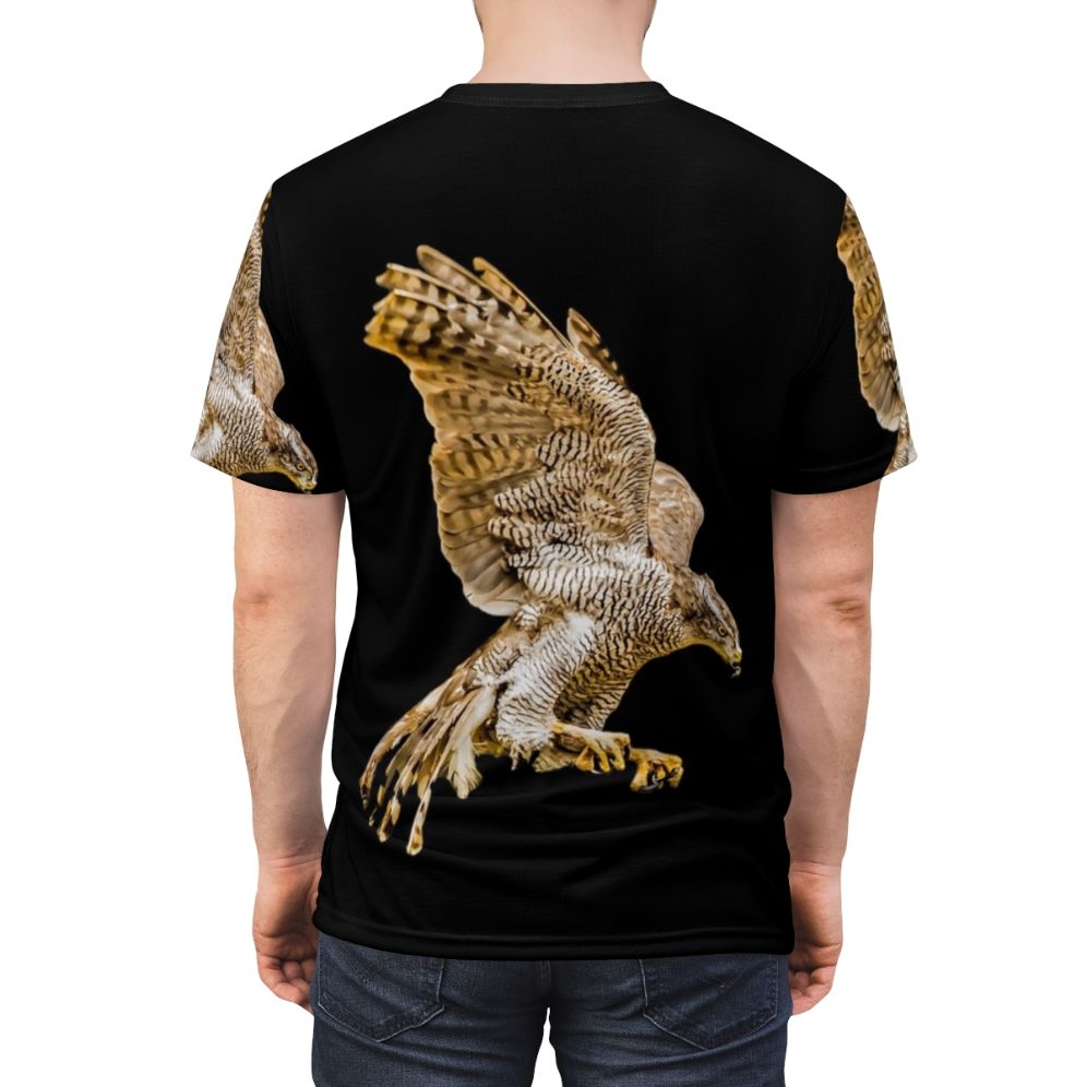 Vibrant illustration of a northern goshawk, a majestic bird of prey, on a high-quality t-shirt. - men back