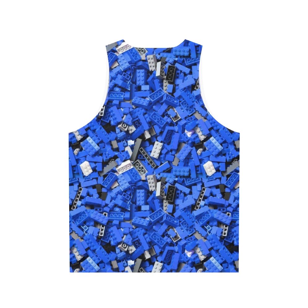 Blue unisex tank top with a repeating bricks/lego-inspired pattern - Back