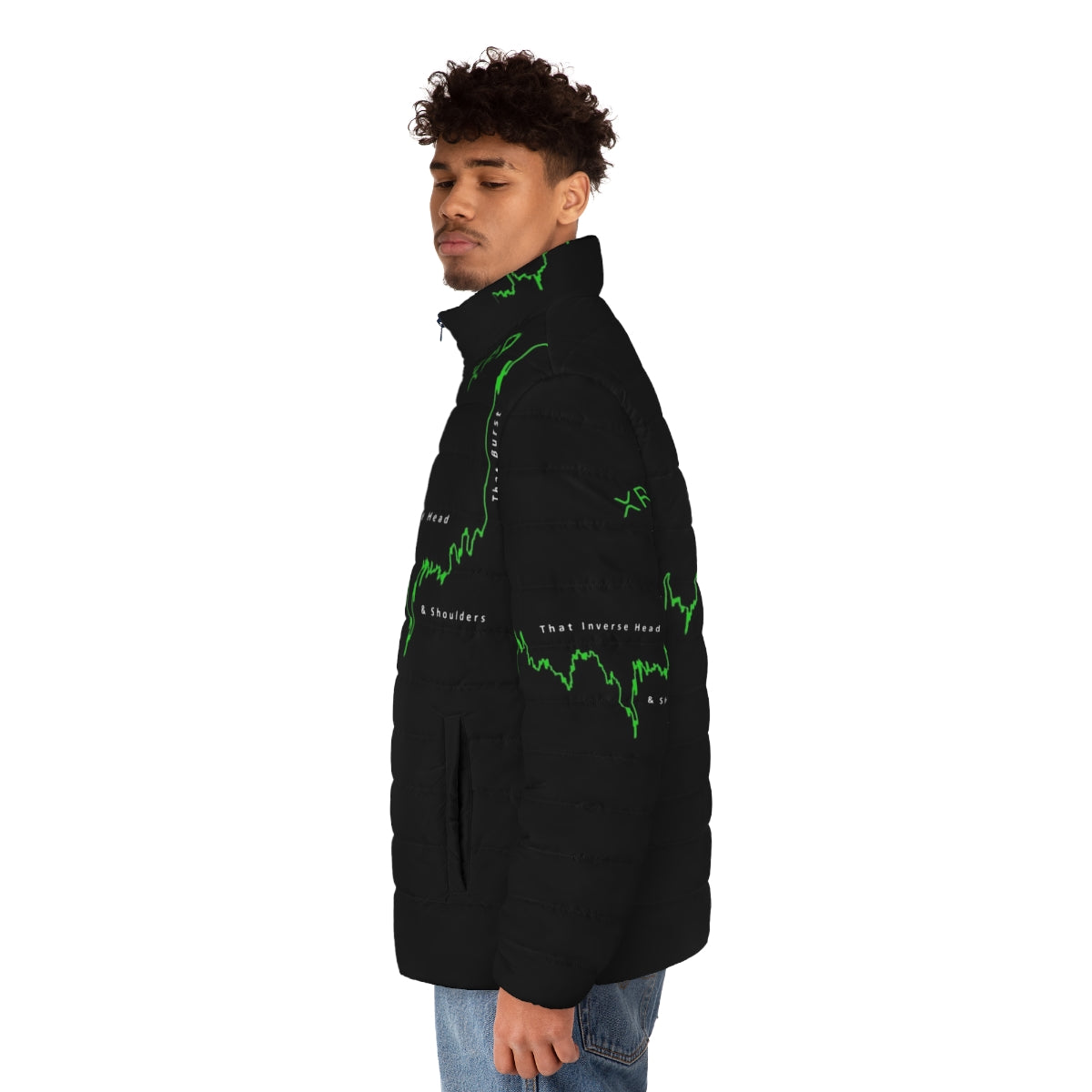 XRP Inverse H&S Edition Crypto Puffer Jacket featuring the Ripple cryptocurrency logo - men side left