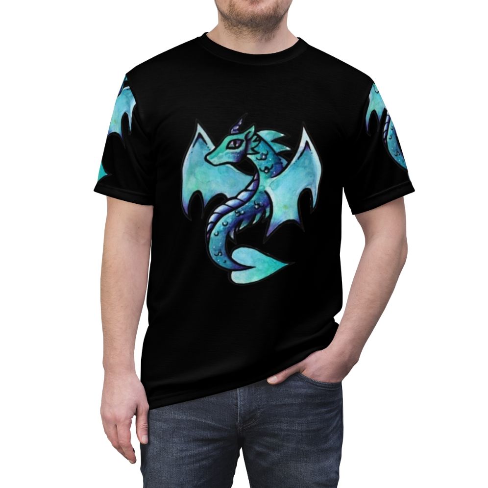 Watercolor dragon artwork printed on a high-quality t-shirt - men front