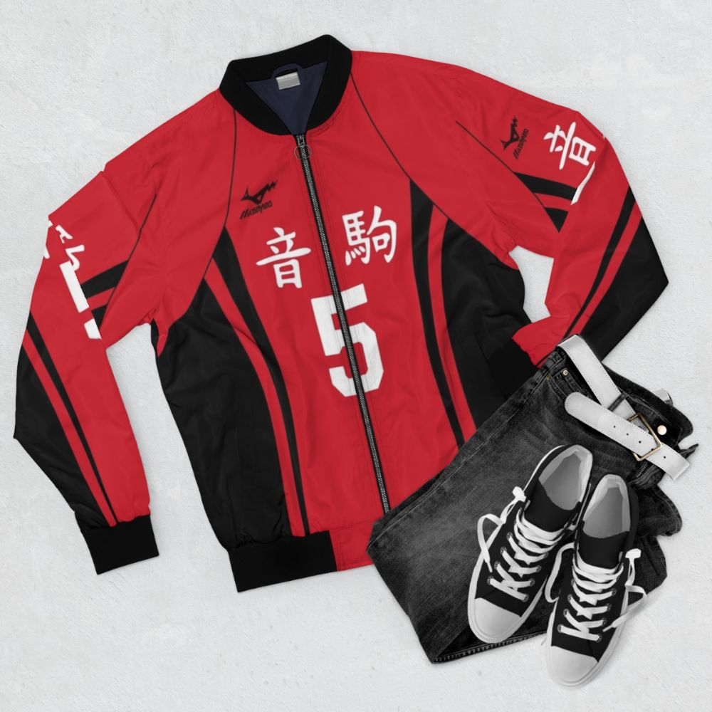 Kenma Kozume wearing a Nekoma volleyball-inspired bomber jacket - Flat lay