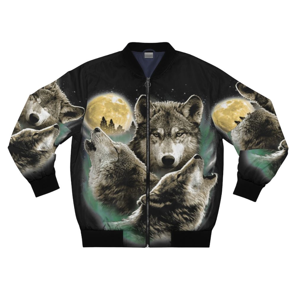 A bomber jacket featuring a design of three wolves howling at the full moon in a natural, wilderness setting.