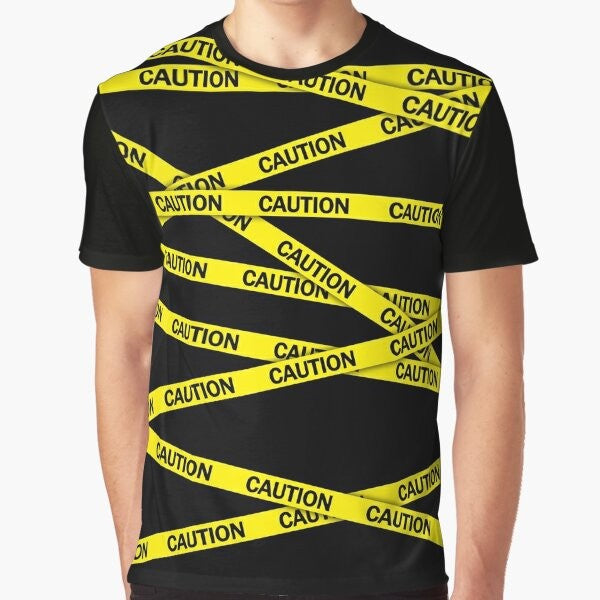 Caution tape graphic t-shirt featuring a bold, bright yellow and black warning design