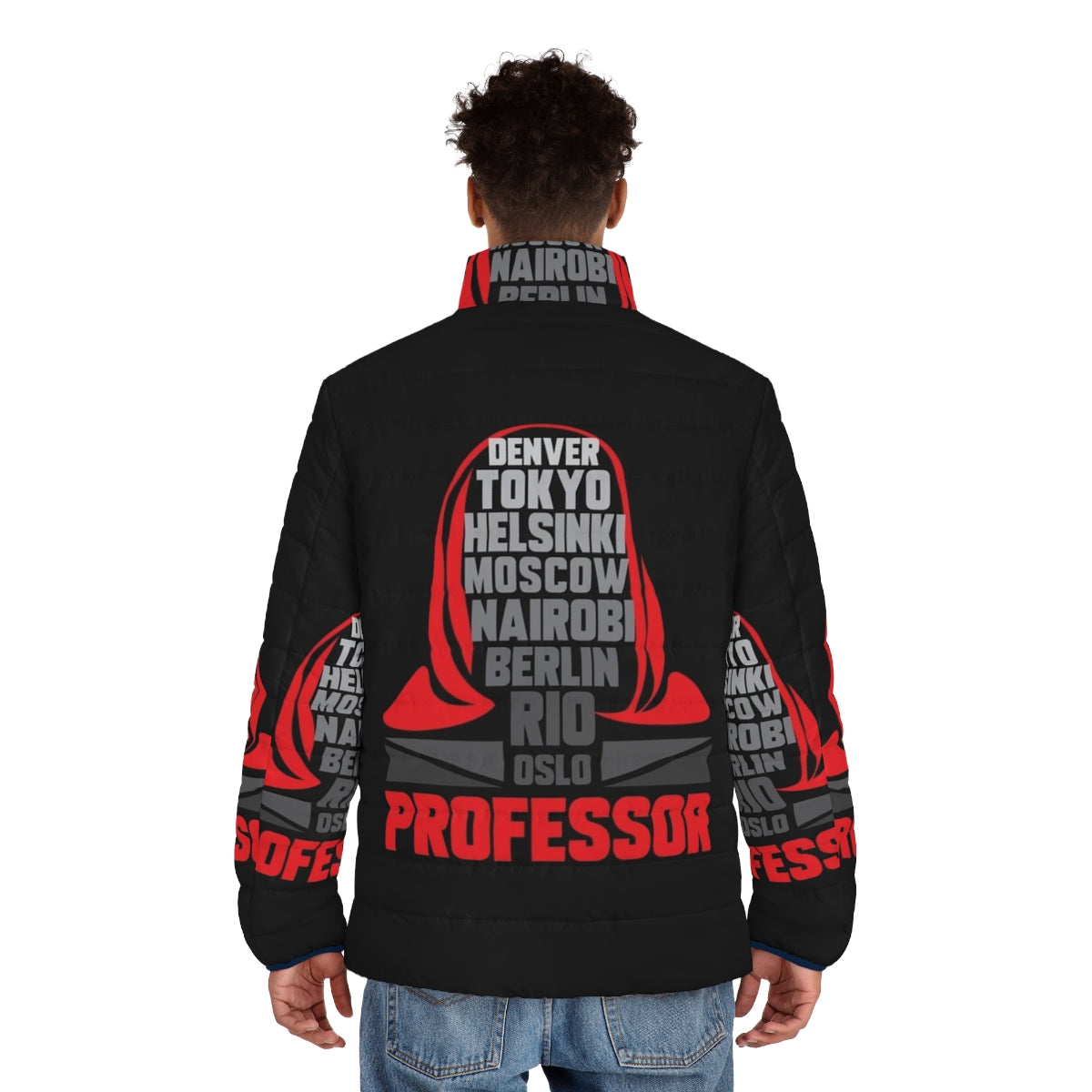 A person wearing a gray hooded puffer jacket with the "Money Heist" theme - men back