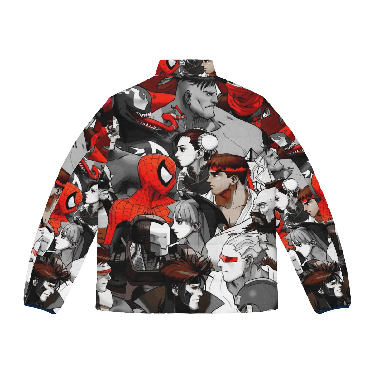 Marvel vs Capcom red puffer jacket featuring characters from popular video game and comic franchises - Back