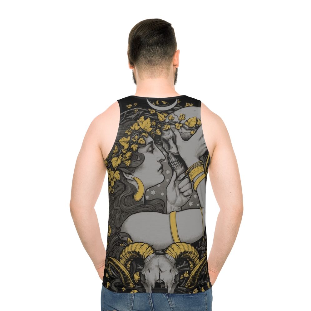 Unisex witch tank top with gothic botanical skull design - men back