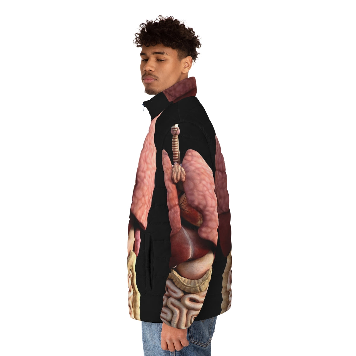 3D Internal Organs Puffer Jacket - Humorous Medical Apparel with Human Anatomy Design - men side left