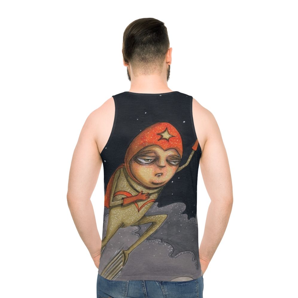 Captain Enthusiasm unisex tank top with a hand-drawn superhero design - men back