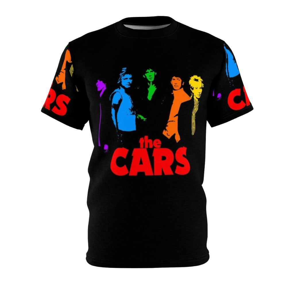 Vintage style t-shirt featuring a graphic design of The Cars, a popular new wave music band from the 1980s.