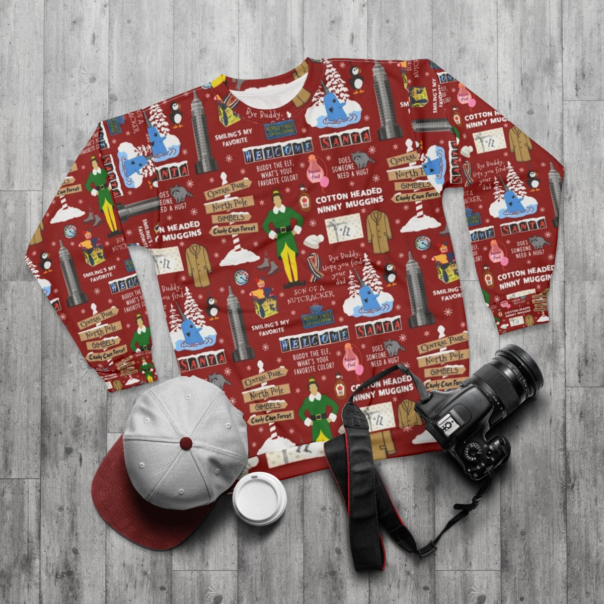 Buddy the Elf Collage Design Christmas Sweatshirt - flat lay