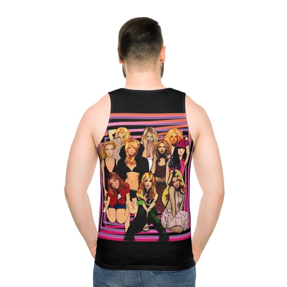 Retro pop art unisex tank top with 90s music references - men back