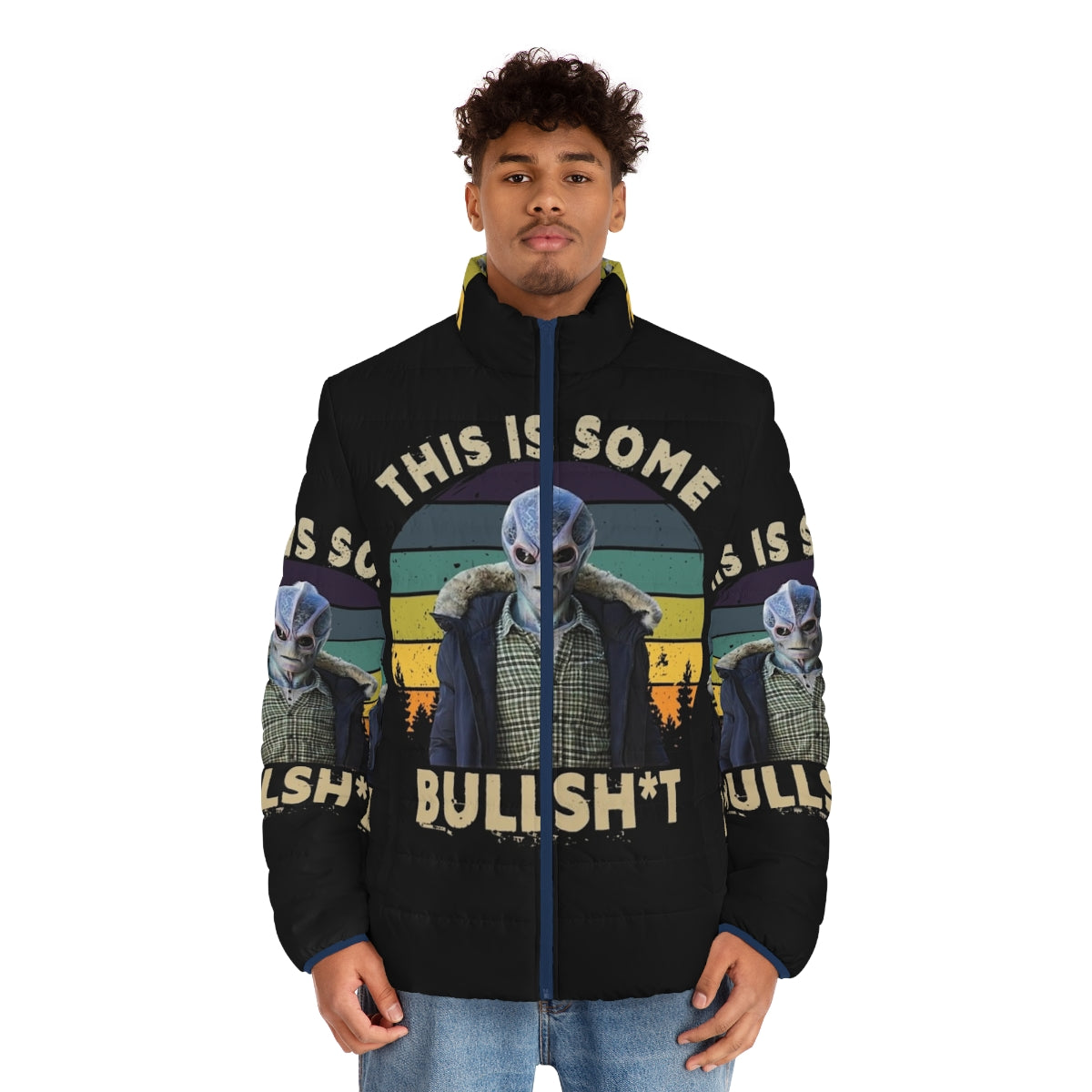 Resident Alien puffer jacket with humorous 'This Is Bullshit' design, perfect for space enthusiasts and sci-fi fans - men front