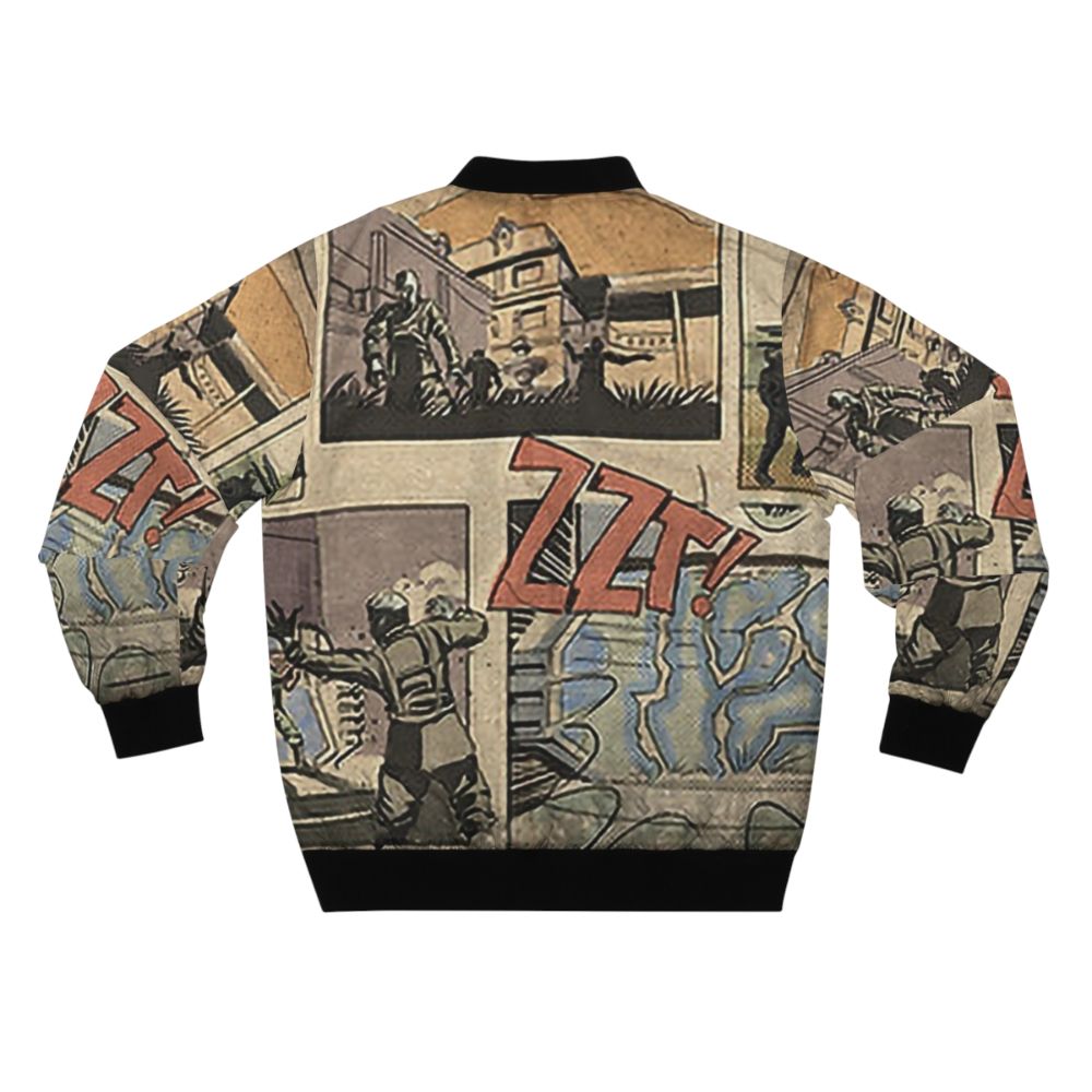 A bomber jacket featuring a comic-style Zombies loading screen from the Call of Duty Black Ops video game series. - Back